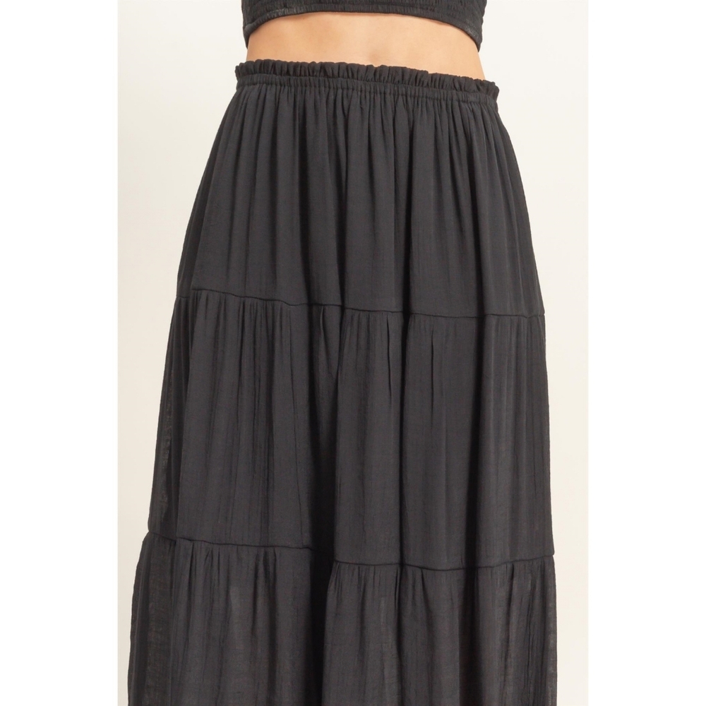 HYFVE Black  Smocked Crop Top & Tiered Rayon Blend Maxi Skirt 2-Piece Set - Picture 7 of 8